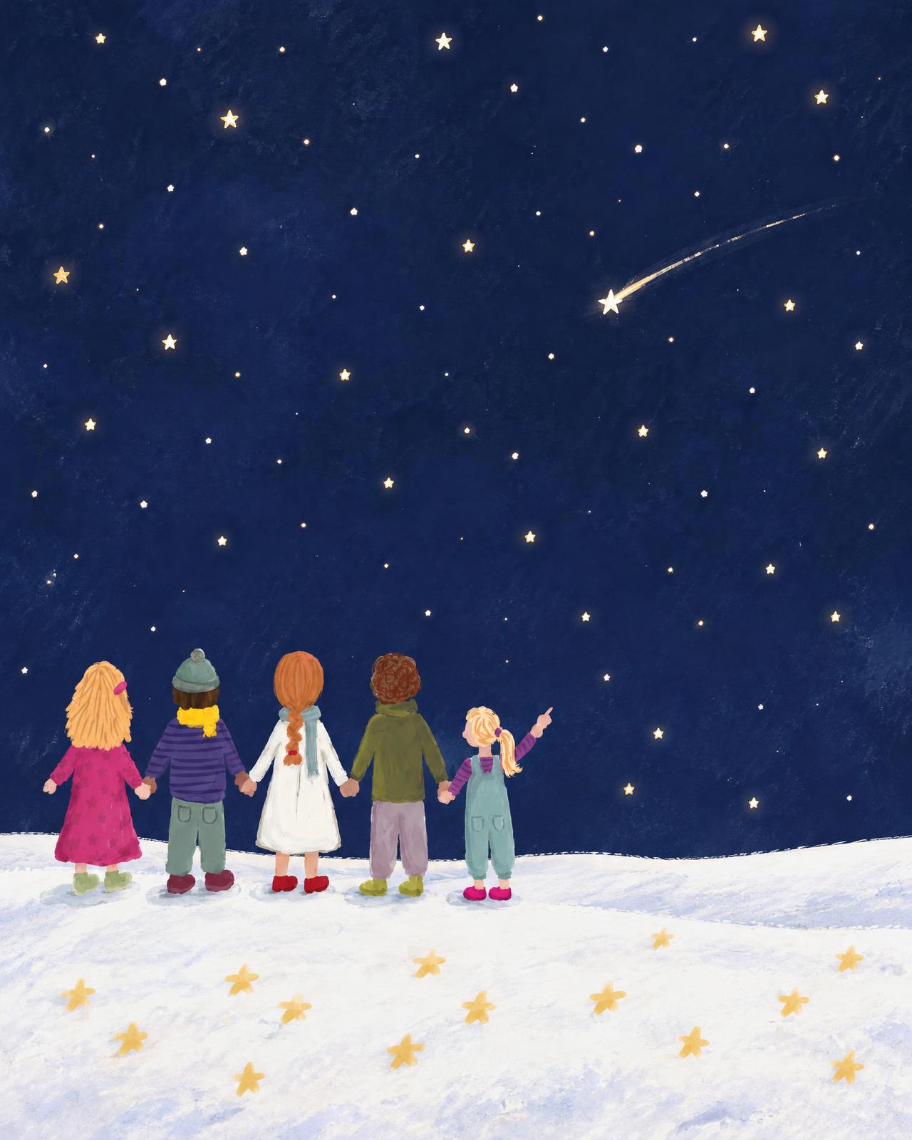 Kinder halten einander an den Händen unter einem Sternenhimmel